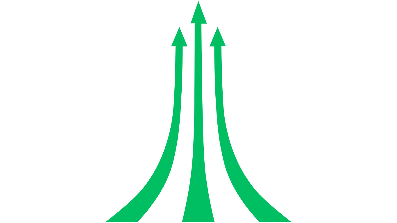 Three upward arrows rising from one base — the audit trail escalating from data through model through decision.